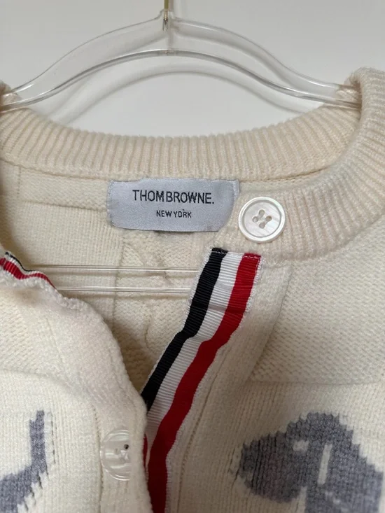 Thom Browne Cream Cardigan with Gray Dog Motif and Signature Trim - Picture 2 of 8